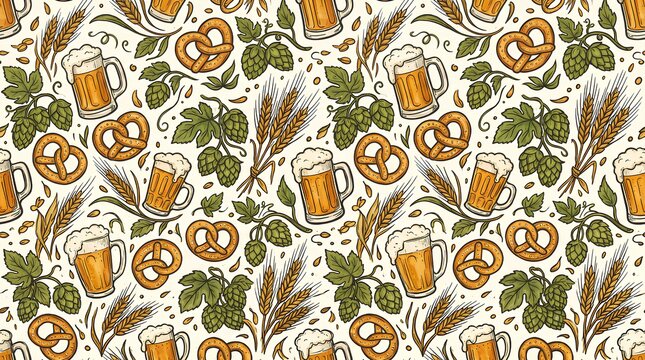 Oktoberfest pattern with beer, pretzels, and wheat stalks.