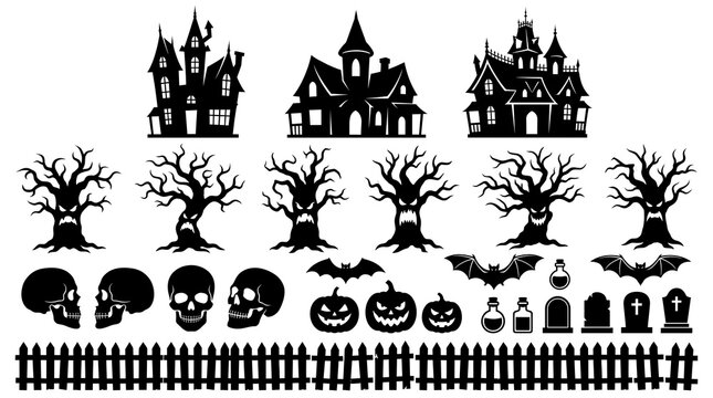 Halloween-themed illustration features haunted houses, bats, jack-o'-lanterns, and spooky forest elements in.