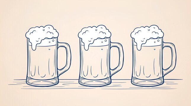Three sketched beer mugs with foam set.