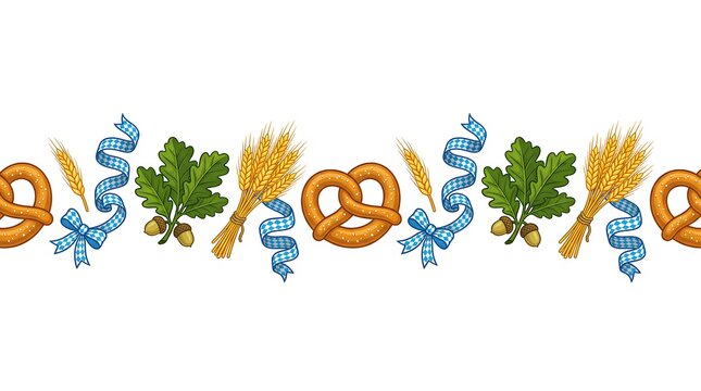 Oktoberfest border with pretzels wheat hops and ribbons.