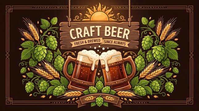 Vintage craft beer sign with clinking mugs, hops, and wheat.