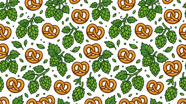 Pretzels and green hops seamless pattern.