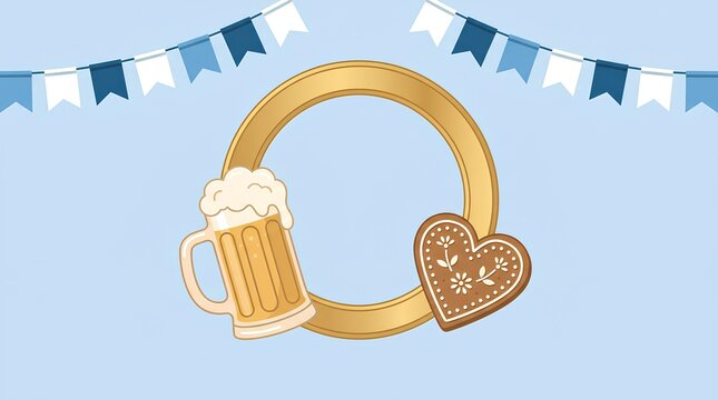 Oktoberfest festive frame with beer mug, gingerbread heart, and bunting.