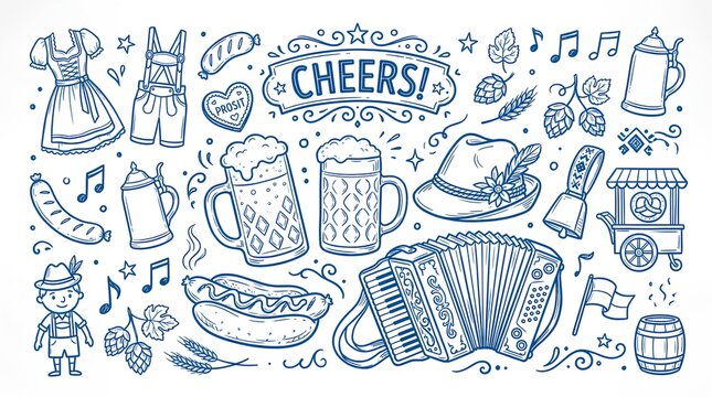 Oktoberfest doodle collection with accordion, beer, and food.