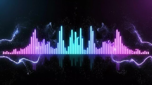 Dynamic neon equalizer bars pulsate with vibrant blue and purple light over dark background with reflective surface and particles in motion.