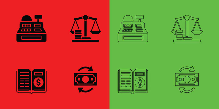 Financial set featuring cash register, balance scale, open book, and money transfer in solid and outline style