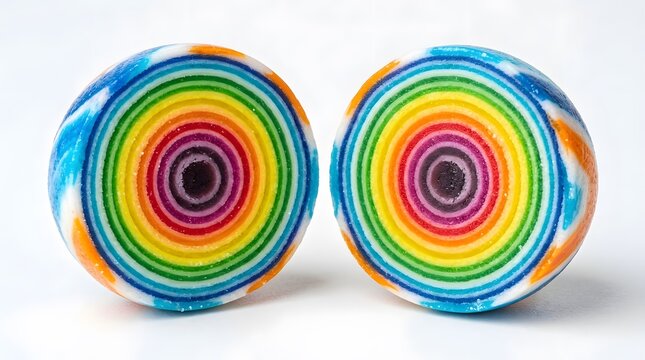 Two round rainbow colored jawbreaker candies isolated on a white background perfect for gobstopper day