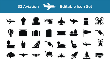 Set of aviation icons featuring various aircraft and airport equipment isolated on transparent background silhouette © Graphicmultiverse