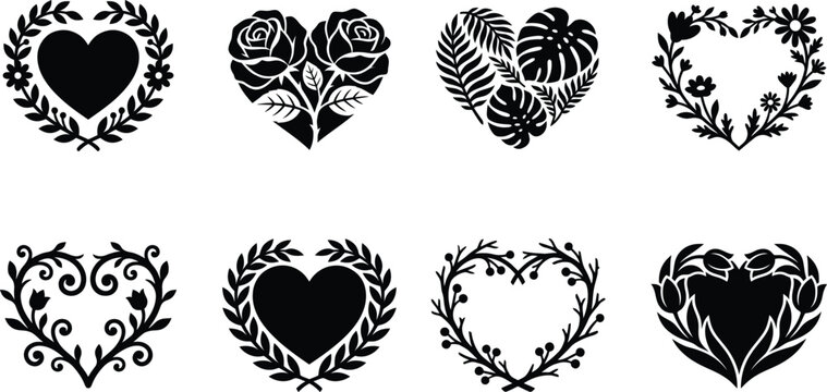 Botanical Heart Vector Silhouette Set, Floral Love Heart Ornament