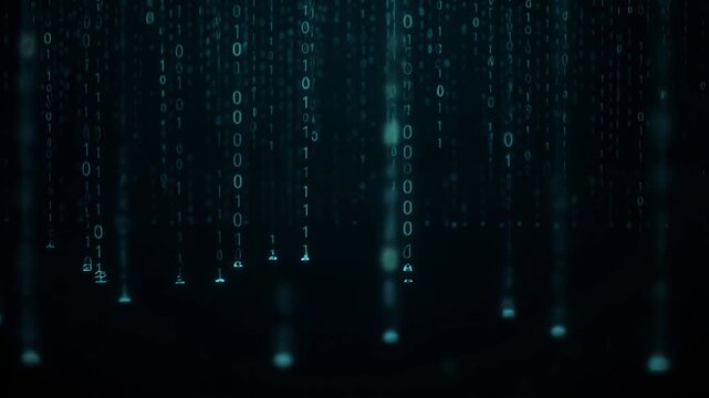 digital binary code flowing in slow motion on dark background for technology concepts