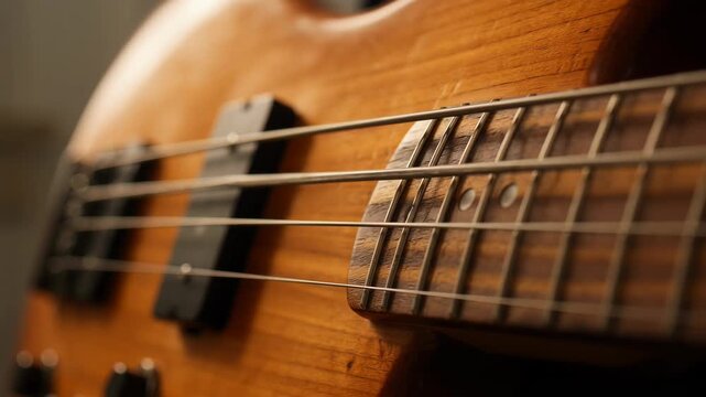 Close-up shot of a wooden electric bass guitar fretboard and strings, music performance, studio, concert, blues, rock, jazz, professional audio equipment