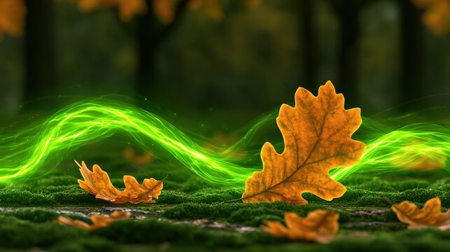 Autumn Oak Leaf with Ethereal Green Energy Swirl on Mossy Forest Floor