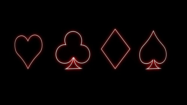 Animated glowing playing card suit symbols with red neon light, rotating in a seamless loop with alpha channel for casino, card game and entertainment projects
