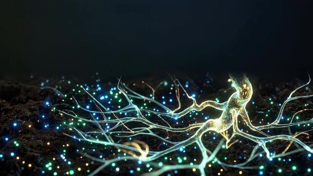 glowing neural network with colorful lights in dark environment for technology concept