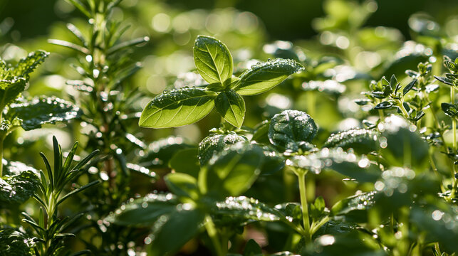 Fresh Basil and Culinary Herbs Growing in a Sunlit Organic Herb Garden