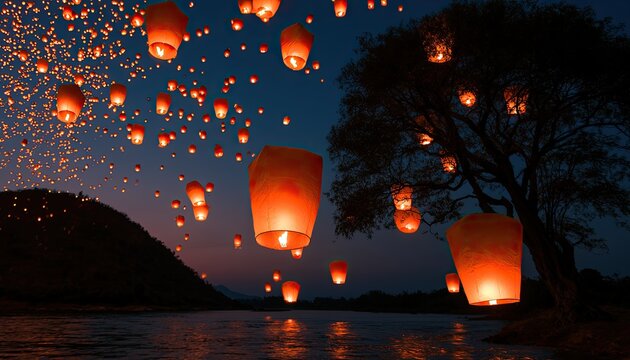 Thousands of glowing lanterns ascend into the twilight sky above a tranquil river