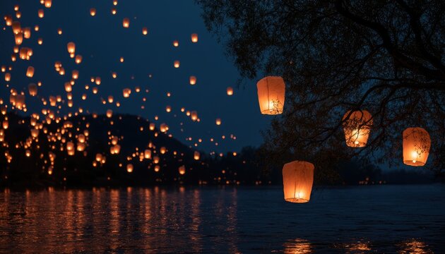 Illuminated lanterns float across a dark sky over a calm body of water