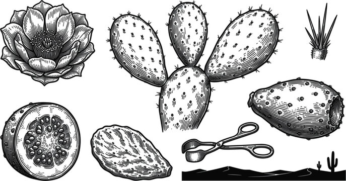 Vintage Prickly Pear Cactus Vector Illustration Set with Detailed Engraving Icons of Nopal Pads Flower Cross Section Fruit and Desert Tongs for Botanical Branding