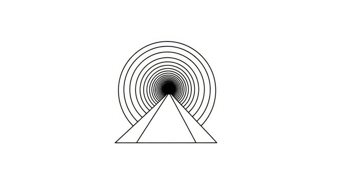 Abstract geometric pyramid tunnel with concentric circles, optical illusion, minimalist black and white concept, perspective, future, journey