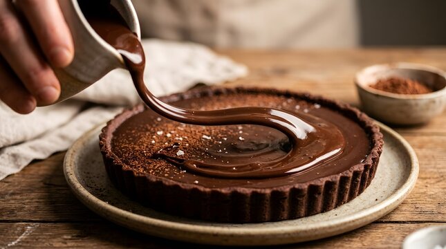 Hand pouring liquid chocolate ganache over a delicious dark chocolate tart on a wooden table perfect for international chocolate day