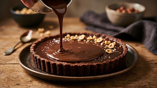 Liquid chocolate pouring over a delicious hazelnut tart on a rustic wooden table perfect for international chocolate day