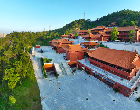 Aerial photography of Fengtian Reservoir at Guanyin Temple in Shizishan, Daya Bay Central City, Huizhou City