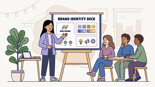 A woman presents a brand identity deck to a small group in a modern office while discussing new branding strategies