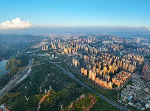 Aerial photography of Fengtian Reservoir at Guanyin Temple in Shizishan, Daya Bay Central City, Huizhou City