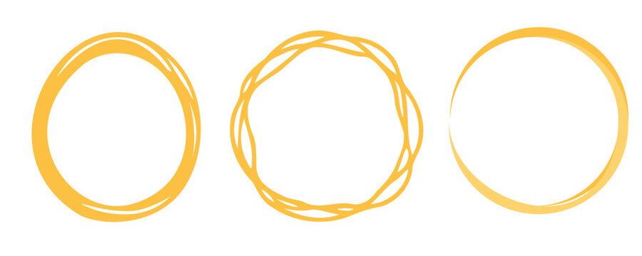 Hand drawn golden circle frame collection featuring irregular round rings and organic line shapes in minimalist vector style for logos, labels, invitations, badges, stickers, and decorative layouts.
