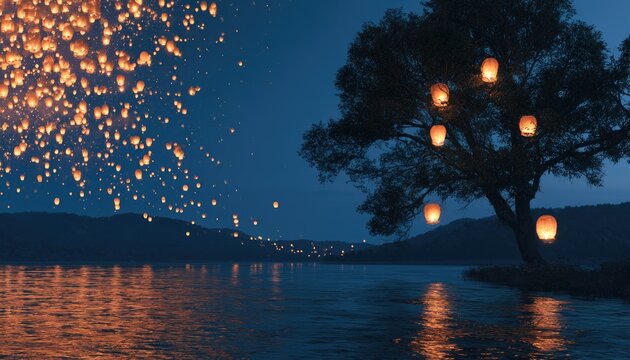 Night sky filled with glowing lanterns rising over a tranquil lake and tree