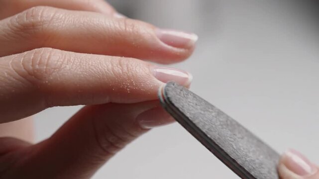Woman's hands file her fingernails with a nail file during personal manicure routine