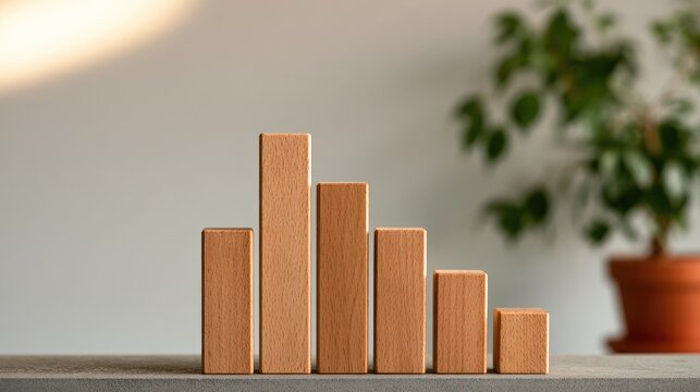 Wooden blocks arranged as a descending bar graph on a surface