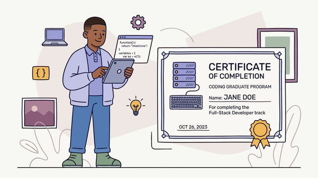 A young man with a tablet celebrates completing a coding program with a certificate and computer icons