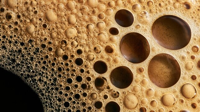 Close-up of coffee foam with varied-sized bubbles against a dark background