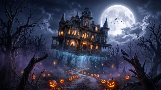 Floating Victorian Mansion Hovering Over a Spooky Forest with Jack o Lanterns and Full Moon for Halloween Fantasy Concept
