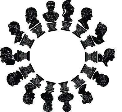 Circular arrangement set of ancient Greek and Roman philosopher statue busts vector silhouettes