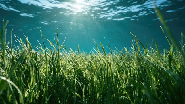 Sunlit underwater meadow of vibrant green seagrass swaying gently