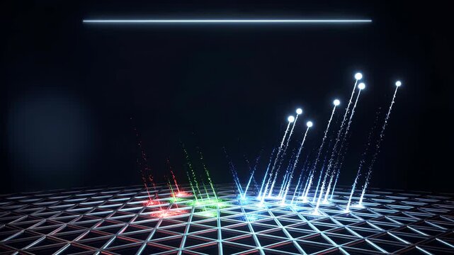 colorful light beams moving in slow motion on a dark grid background