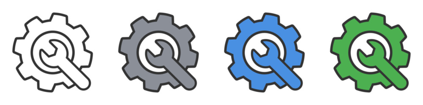 Gear and wrench settings and maintenance vector icon set isolated on transparent background