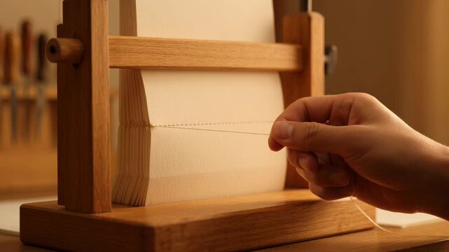 Close-up of a bookbinder using a sewing frame to stitch pages together, demonstrating the craft of bookbinding and manual book assembly.