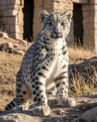 Obraz premium A snow leopard cub in a shadow carved ruin field