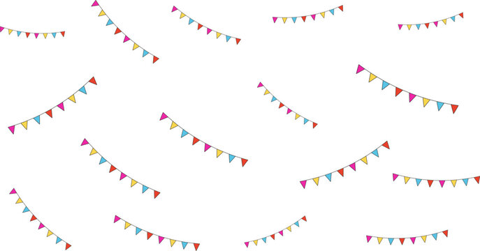 Flat clip art set of colorful bunting garlands featuring triangular pennant flags in festive arrangements for party and celebration design