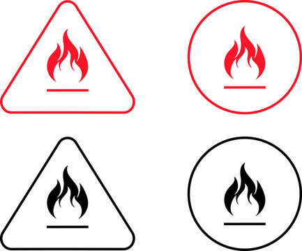 Outline icon set of flammable warning signs featuring fire flame symbols in triangle and circle shapes for safety design