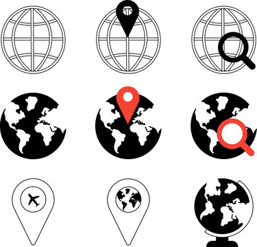 Flat and outline icon set of  world globe symbols featuring location pins, search and travel elements for navigation design