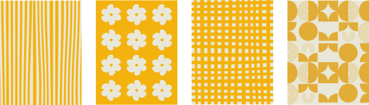 Flat pattern set of  featuring retro stripes, daisy flowers, gingham check and geometric shapes for modern surface design