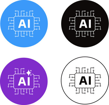 Outline icon set of  AI processor chips featuring circuit board patterns in flat and line art styles for technology design