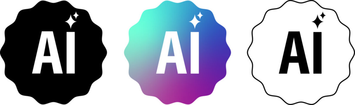 Flat badge set of AI labels featuring solid, gradient and outline styles for technology and branding design
