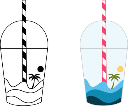 Flat illustration of a tropical drink cup depicting ocean waves and palm tree scene for summer and travel design