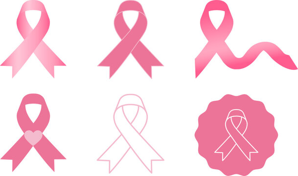 Flat icon set of pink ribbon symbols featuring breast cancer awareness badges and outline styles for health design