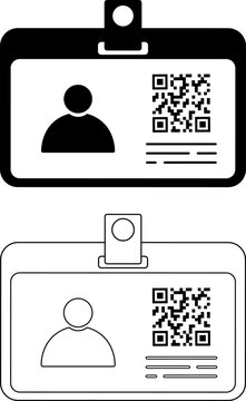 Identification card badge icon set featuring solid and outline styles with profile photo placeholder, QR code, clip holder, and clean modern design